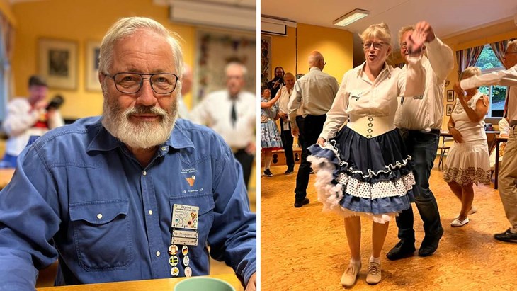 Ordförande Axel Schneider och några av de trettio squaredansarna. Foto: Per Brolléus
