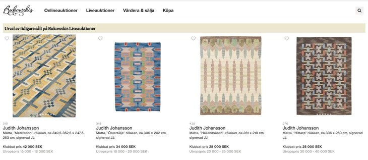 Skärmdump från Bukowskis hemsida med priser på Judith Johansson-mattor som sålts nyligen. 