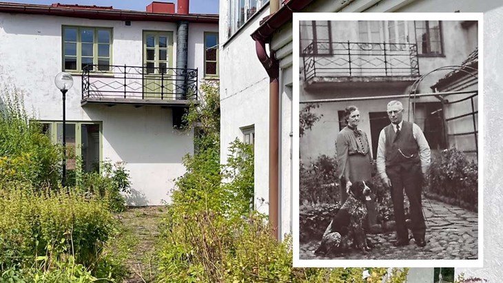Känner du igen balkongen? På bilden syns smedmästare Gustav Jönsson och hans hustru Neta. Foto: Johan Jönsson/Collage