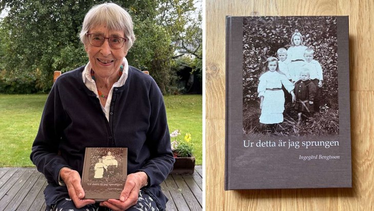 Ingegärd Bengtsson med sin bok "Ur detta är jag sprungen". Foto: Collage