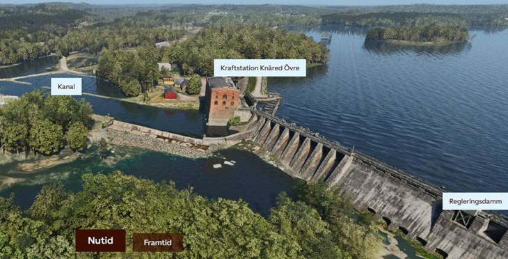 Så ser området vid Knäred Övre ut i dag. Här finns kraftstationen, regleringsdammen och kanalen.