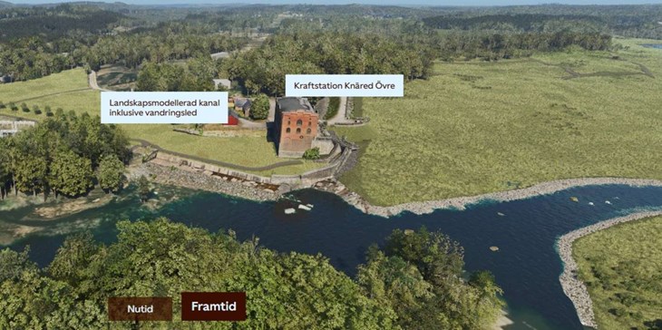 Så här visar Statkraft i sitt 3D-verktyg hur området vid Knäred Övre är tänkt att se ut efter MittLagan-projektet. Regleringsdammen ska rivas, kraftstationen tas ur drift och kanalen fyllas igen.