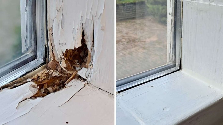 Innan och efter lagningen. Nya fönster är beställda. Men hur mycket ska man renovera en skola som troligtvis ska ersättas med en ny? Foto: Privat