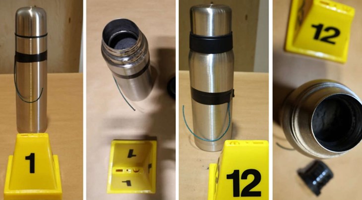 Nationellt forensiskt centrum testade stubinerna på termosbomberna. Från att stubinen tändes beräknades det ta mellan 15 och 27 sekunder innan bomben utlöstes. Foto: Polisen